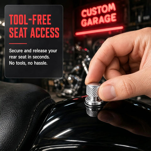 Heavy Duty 304 Stainless Motorcycle Seat Bolt Screw And Nut Kit Built For Hassle Free Swaps Featuring Diamond Knurling Grip shown in use.