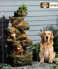 Outdoor Water Fountain With 5 Tiers Cascade Design Realistic Tree Trunk Style LED Lights For Garden Patio Backyard Home Decor with golden retriever