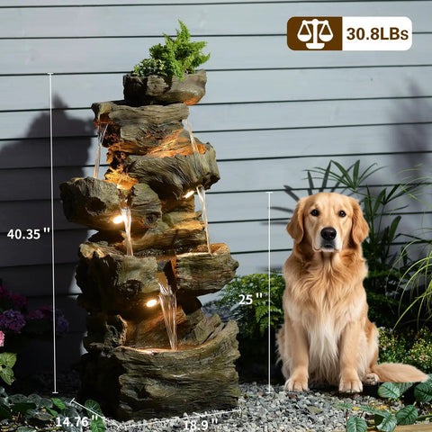 Outdoor Water Fountain With 5 Tiers Cascade Design Realistic Tree Trunk Style LED Lights For Garden Patio Backyard Home Decor with golden retriever
