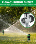 Flow-through outlet feature of Two Pack Gear Drive Sprinklers With Metal Spike Base, watering lawn and expanding coverage.