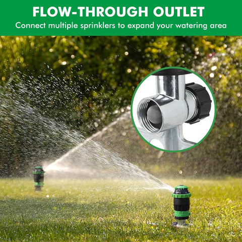 Flow-through outlet feature of Two Pack Gear Drive Sprinklers With Metal Spike Base, watering lawn and expanding coverage.