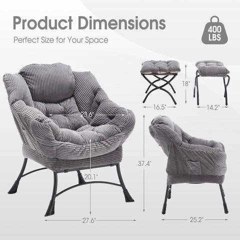 Cozy Lazy Chair With Ottoman For Chillin And Reading, Ultra Comfy Lounge Seat in Gray, showing size dimensions and weight capacity.