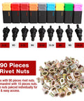 90 rivnuts and 9 mandrels for 8 Inch Rivet Nut Tool Kit With 9 Metric And SAE Mandrels, 90 Rivnuts, One Hand Operation Built For Tight Spots, Heavy Duty Rivnut Tool Set In Sturdy Case For Automotive And DIY Projects.