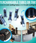 Smart S545 Pro Coin Counter Sorter And Wrapper showcasing tubes and trays for quick 300 coins per minute rate, includes black wrappers.