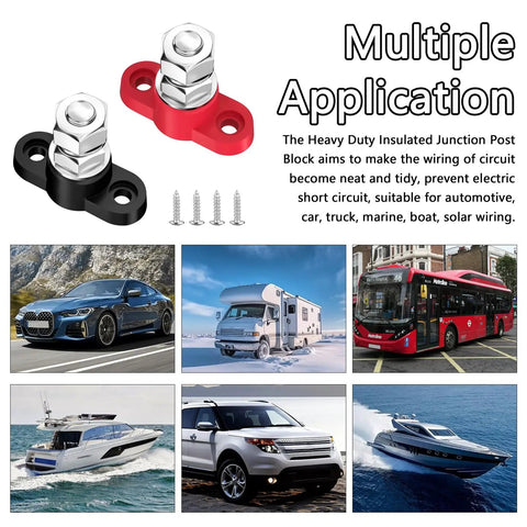 Heavy Duty Built Tough 12V Power Distribution Block With Three Eighth Inch M10 Stud Insulated Battery Post Junction For Auto Boat Marine Solar System DC 12V 48V Up To 250A Peak Positive And Negative Terminal Block Red And Black, red and black insulated stud block