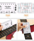 Guitar Setup Tool Kit With Notched Neck Straight Edge String Action Ruler Gauge used on guitar fretboard, front and back view.