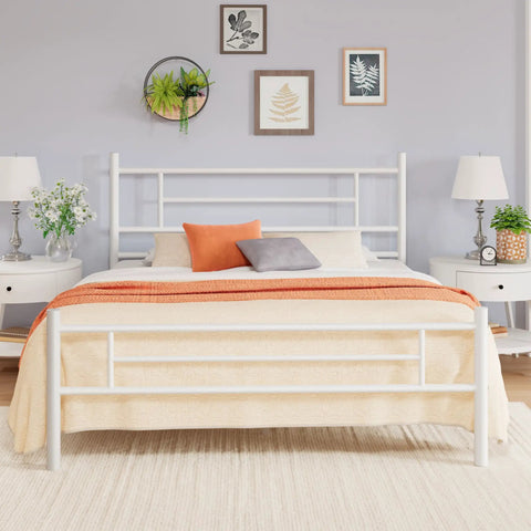 Built Tough Full Size Metal Bed Frame With Classic Headboard And Footboard In Crisp White featuring clean decor and cozy bedding.