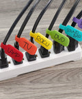 Power strip with labeled cords using Comprehensive Cable Management Value Pack With 40 Self Gripping Ties 20 Labels.