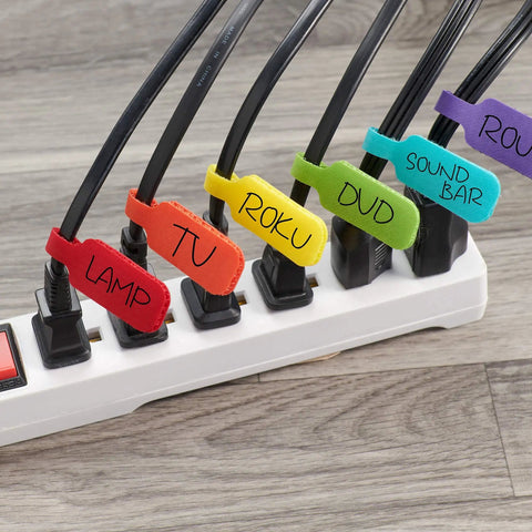 Power strip with labeled cords using Comprehensive Cable Management Value Pack With 40 Self Gripping Ties 20 Labels.