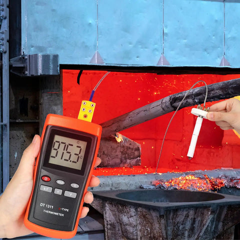Kiln Temperature Thermometer With K Type Thermocouple And Ceramic Insulator Sensor in use near a hot forge