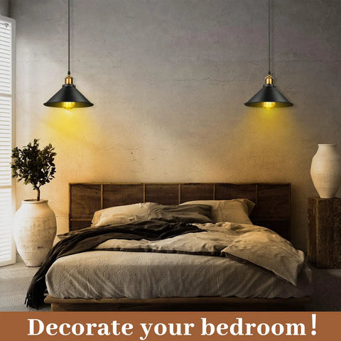 Six Piece Black Metal Umbrella Pendant Lights With A Slick Retro Industrial Look And Solid Farmhouse Vibe Making A Popular Choice For Any Kitchen Table Or Dining Nook Using Dead Easy E26 Mounts over a cozy bedroom setting.