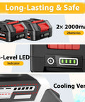 Cordless Paint Sprayer With Dual 2000 MAH Batteries And Heavy Duty 1200W Motor showing 2 x 2000mAh batteries and LED indicator.