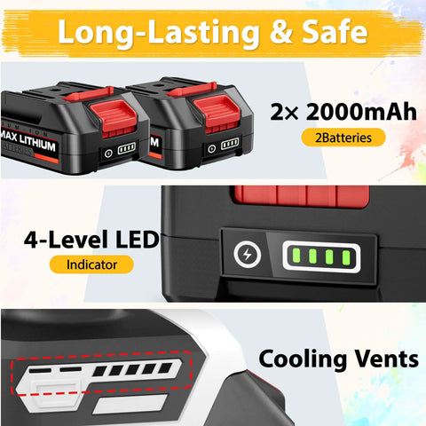 Cordless Paint Sprayer With Dual 2000 MAH Batteries And Heavy Duty 1200W Motor showing 2 x 2000mAh batteries and LED indicator.