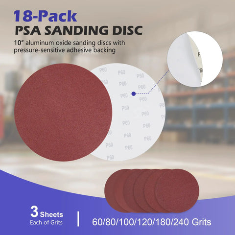 18-pack PSA sanding discs, highlighting 10 inch size and P60 grit, from 10 Inch Table Saw Calibration Plate And Sanding Disc Set With 18 PSA Sandpapers 60 80 120 180 240 Grit 5/8 Inch Arbor And 1/8 Inch Thick Alloy Steel Balance Blade For Precise Blade Alignment And Super Smooth Finishing