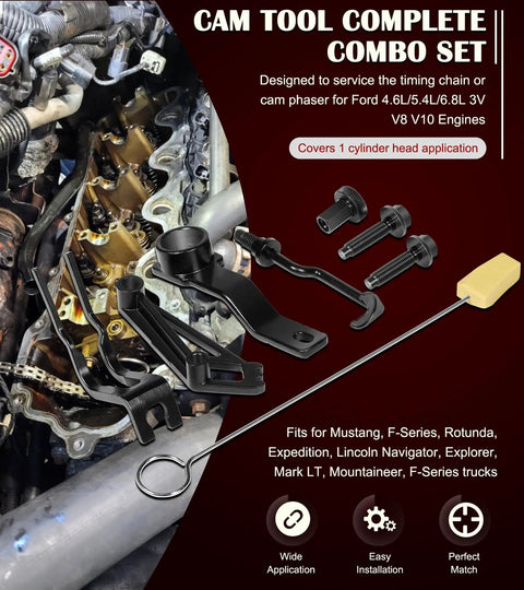 Ford Timing Belt Tools Set for 4.6L 5.4L and 6.8L 3V Engines with cam tool combo next to vehicle engine