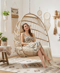Outdoor Egg Chair Without Stand With 350 Lb Capacity, Foldable Rattan Swing Cushioned Basket Seat, Boho Hanging Hammock Lounge For Patio