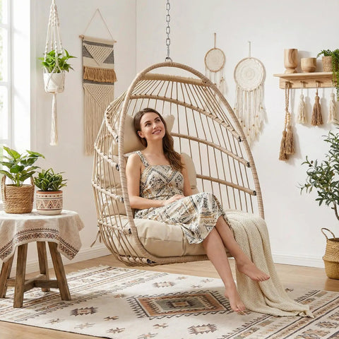 Outdoor Egg Chair Without Stand With 350 Lb Capacity, Foldable Rattan Swing Cushioned Basket Seat, Boho Hanging Hammock Lounge For Patio