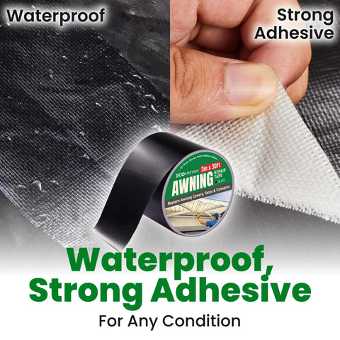 Waterproof Self Adhesive Patch Repair Tape Kit For Awnings Outdoor Canopies Tents RVs Canvas And Boat Covers Heavy Duty 3 Inch Wide Tarp Repair Tape Quick Bond Weatherproof Fix For Leaks And Tears showing waterproof material and strong adhesive.