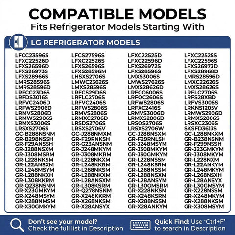 Compatible LG refrigerator models list for Upgraded 4-Pin Refrigerator Condenser Fan Motor 12VDC 1A Replacement, 2200RPM Cooling Fan.