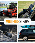 Beefy Heavy Duty Ratchet Strap Set 1650 Lb Break Strength 4 Pack 15 Ft X 1 In Tie Down Straps securing various loads