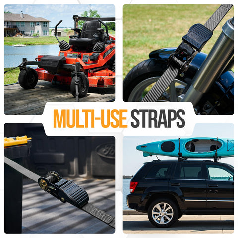 Beefy Heavy Duty Ratchet Strap Set 1650 Lb Break Strength 4 Pack 15 Ft X 1 In Tie Down Straps securing various loads