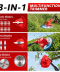 Cordless Electric Weed Wacker 4 In 1 Grass Trimmer With Wheel 650 Watt Motor and dual battery, showing blade types for trimming.