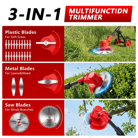 Cordless Electric Weed Wacker 4 In 1 Grass Trimmer With Wheel 650 Watt Motor and dual battery, showing blade types for trimming.