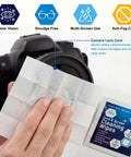 Camera lens cleaning wipes, MED PRIDE, 200-count premoistened anti-fog; close-up of lens being wiped