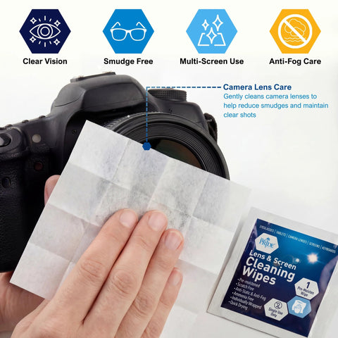 Camera lens cleaning wipes, MED PRIDE, 200-count premoistened anti-fog; close-up of lens being wiped
