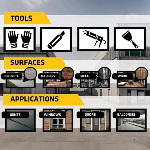 Image showing tools, surfaces, and applications for 12 Tubes Of 10.1 Oz White Heavy Duty One Component Polyurethane Sealant For Moisture Cure Non Sag Elastomeric Mastic With Strong Adhesion To Concrete Wood And Metal Ideal For Weatherproof Sealing At Home And On The Job.
