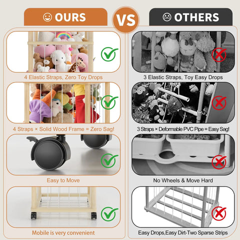 Comparison of 56 Inch Tall Wooden Stuffed Animal Storage Tower With Wheels and an inferior model, highlighting straps and mobility features.