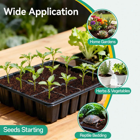 Seed tray with seedlings using 50 Pcs Coco Coir Pellets for Seed Starting Expand to About 3.96 Qt Potting Soil for Indoor Outdoor Gardens.