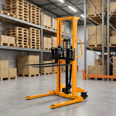 Tough Manual Straddle Pallet Stacker Powers Through 2200 Lbs Loads Without Breaking A Sweat Features hand hydraulic pump and 63 inch lift height.