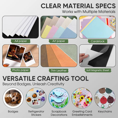Materials for Heavy Duty Button Cutter For 25mm Badges And 35mm Rounds, includes A4, art, photo paper, cardstock, thin leather, magnetic sheet.