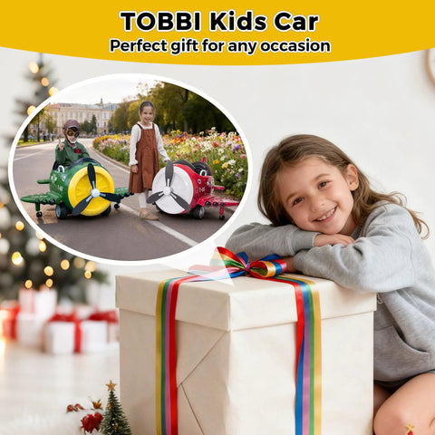Kids with Ride On Airplane With Remote Control For Kids, 12V Battery Powered Toddler Car, featured in holiday setting.