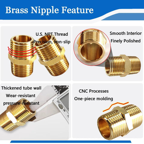 Two Pack Hex Brass Nipples 1 Inch NPT Male To 1 Inch NPT Male Pipe Fitting Heavy Duty Brass Nipples Connectors For Plumbing Features