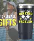 Premium 20 Oz Pickleball Travel Tumbler With Secure Spill Proof Lid And Present Ready Gift Box Sleek Stainless Steel Drink Cup shown with pickleball court background.