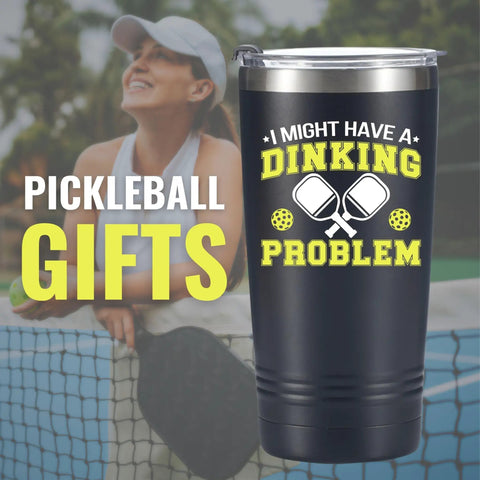Premium 20 Oz Pickleball Travel Tumbler With Secure Spill Proof Lid And Present Ready Gift Box Sleek Stainless Steel Drink Cup shown with pickleball court background.