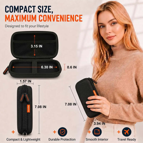 Compact Hard Shell Zipper Case For Portable Electronics Featuring Secure Lockdown Storage And Sleek Exterior Designed For Everyday Carry And Grab And Go Gadget Stashing shown beside model.