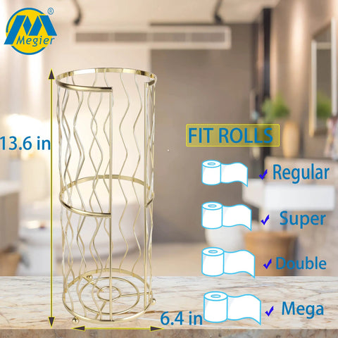 Gold Finish Standing Toilet Paper Holder With Three Roll Reserve, decorative metal design shown on bathroom counter