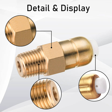 PWACCS brass pressure washer thermal relief valve with 1/4 NPT threads and white cap, front view.