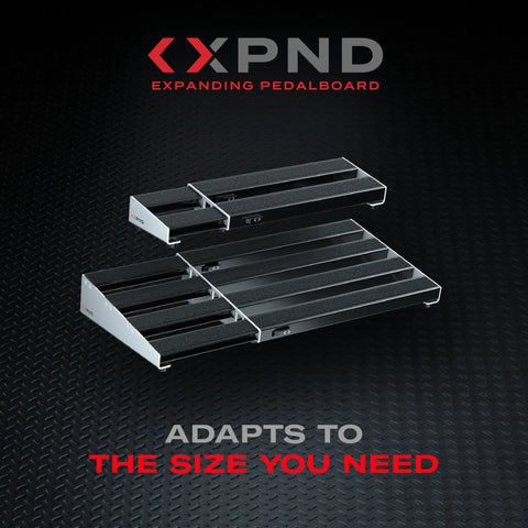 Xpnd Pedalboard Expansion Kit For Guitar Pedal Boards, Telescoping 14 To 24 Inch Extension, aluminum frame, black expansion surface.