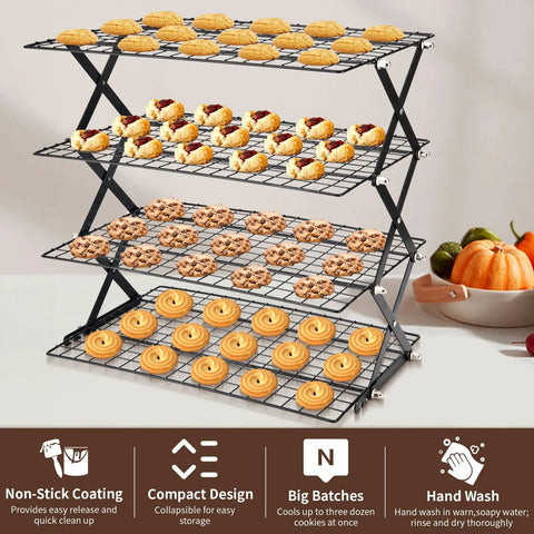 Game-Changing 4-Tier Collapsible Cooling Rack for Baking with cookies displayed, folding grid adjustable stackable design