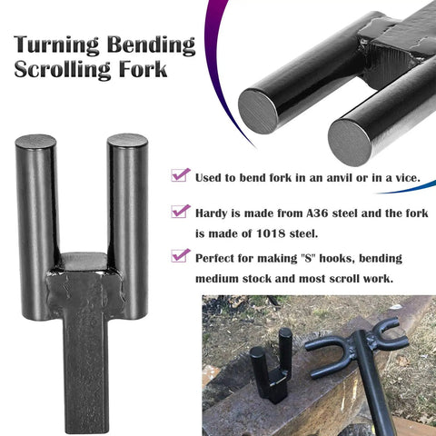 Pro Grade Five Piece Blacksmith Anvil Hardy Tool Set with turning bending scrolling fork on anvil for metalworking projects