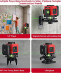 Heavy Duty 12 Line Green Laser Level With Slick Remote Control And Sturdy Triangle Bracket For Instant Self Leveling Up To Ninety Eight Feet showcasing various mounting options.