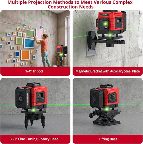 Heavy Duty 12 Line Green Laser Level With Slick Remote Control And Sturdy Triangle Bracket For Instant Self Leveling Up To Ninety Eight Feet showcasing various mounting options.