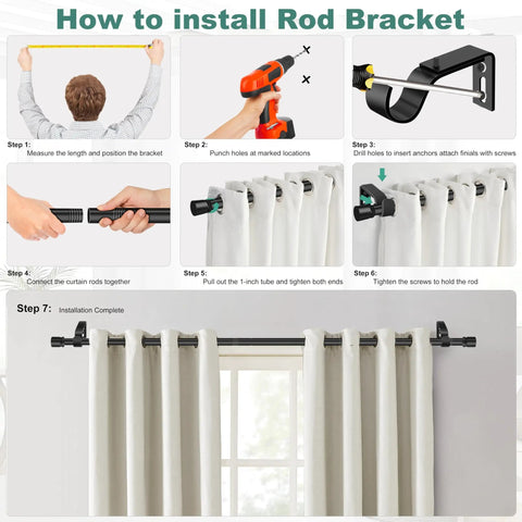Installation guide for Heavy Duty Black Curtain Rod Set With Adjustable Length From 32 To 58 Inches, 1 Inch Diameter, Rustproof Metal Pole And Brackets, Sleek Decorative Finish, No Fuss Install For Any Window