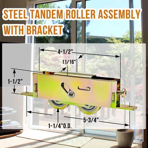 2 Pack Sliding Patio Door Tandem Roller Assembly Replacement Fits Guardian Croft VinylMax And Other Sliding Door Manufacturers 1-1/4 Inch Steel Ball Bearing End Adjustment 5-3/4 Inch Screw Hole Centers