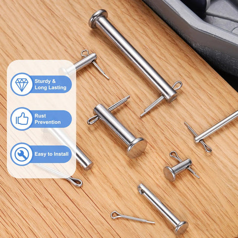 Top Shelf 8 Piece M3x25mm Single Hole Clevis Pins With Cotter Pins Heavy Duty 304 Stainless Steel displayed on wood.