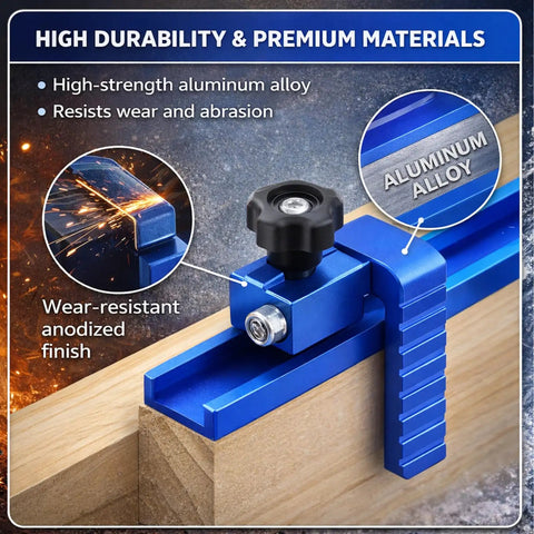 2 Pack T Track Flip Stop For 3 Inch Woodworking Fence Blue Aluminum Pro Grade Miter Saw Stop Block close-up on durability features